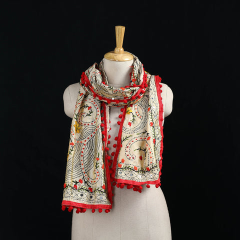 Ranihati Chanderi Silk Hand Embroidered Stole with Pom Pom 149