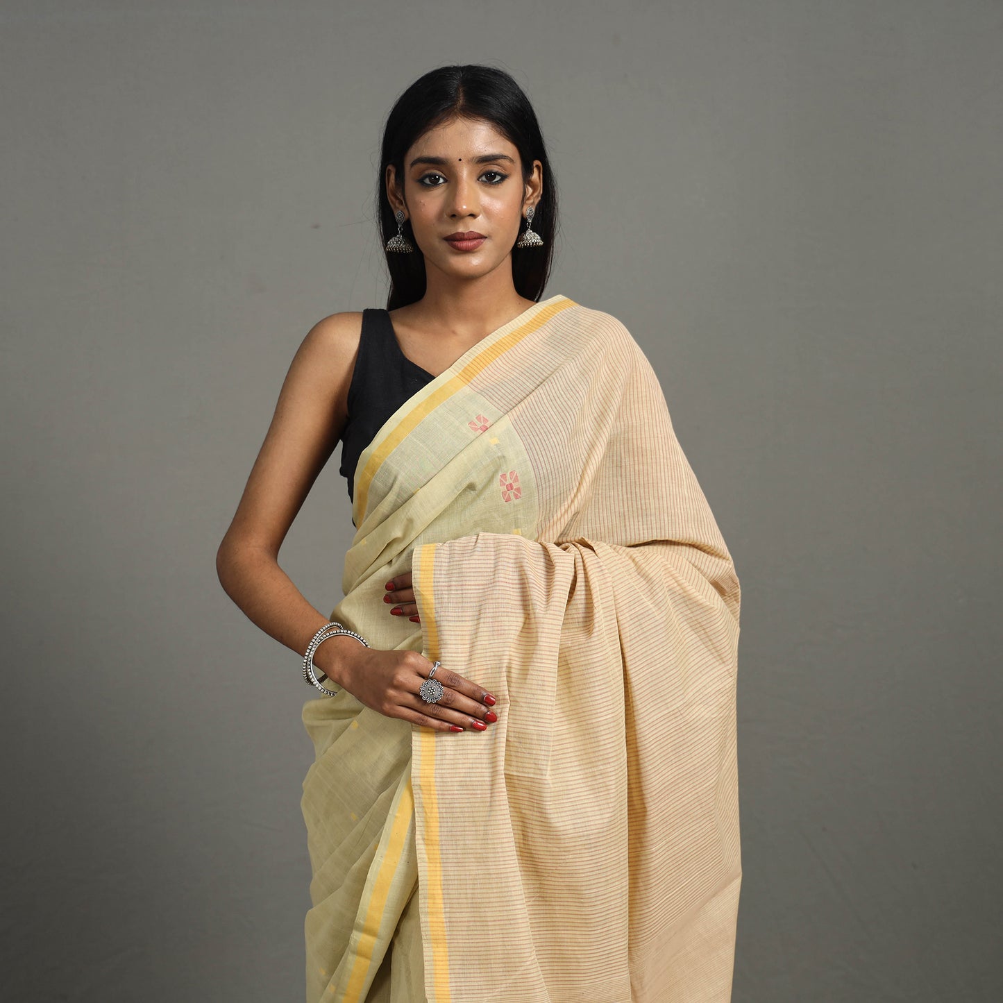 Yellow - Pinwheel Jamdani Cotton Handspun Saree 37