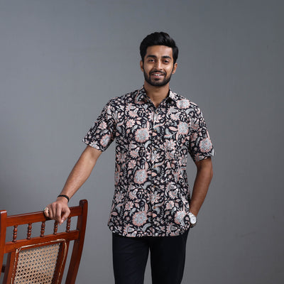 Black - Sanganeri Block Printed Cotton Men Half Sleeve Shirt 18