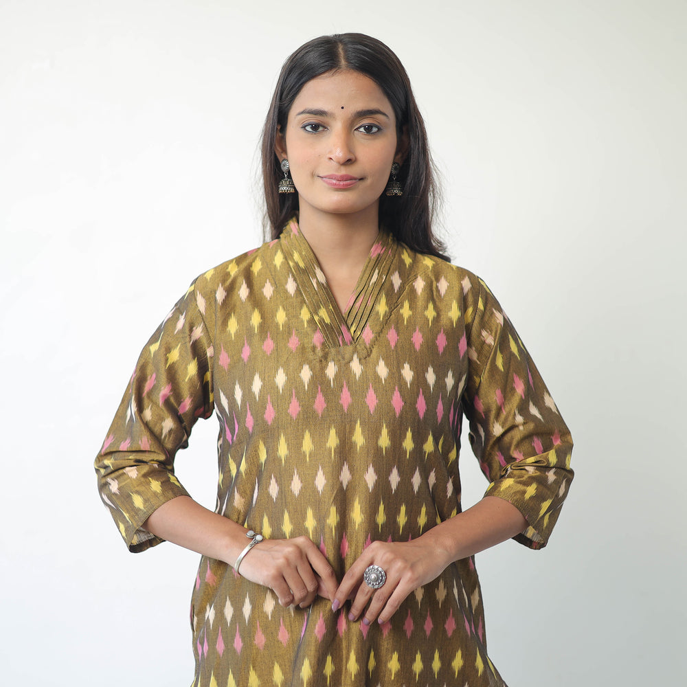 Green - Mercerised Cotton Pochampally Ikat Kurta (Straight) 12