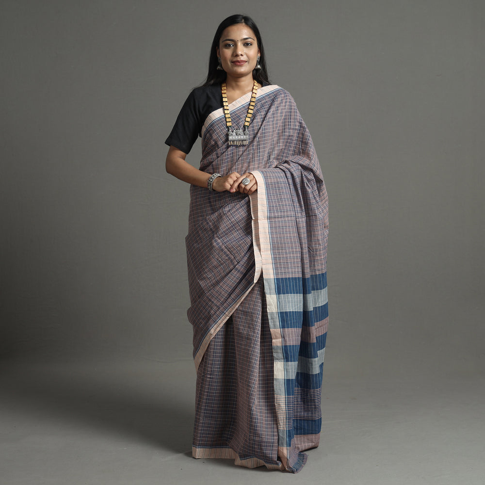 Grey - Pure Handloom Natural Dyed Checks Cotton Saree 37