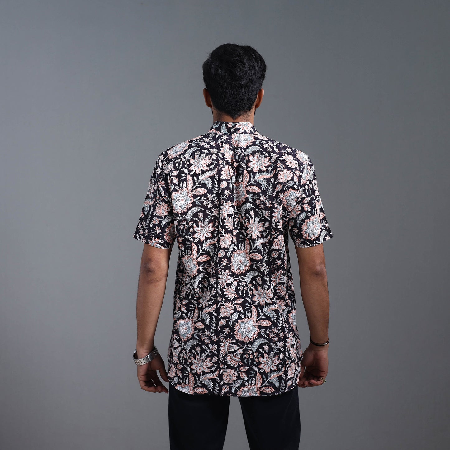 Black - Sanganeri Block Printed Cotton Men Half Sleeve Shirt 18