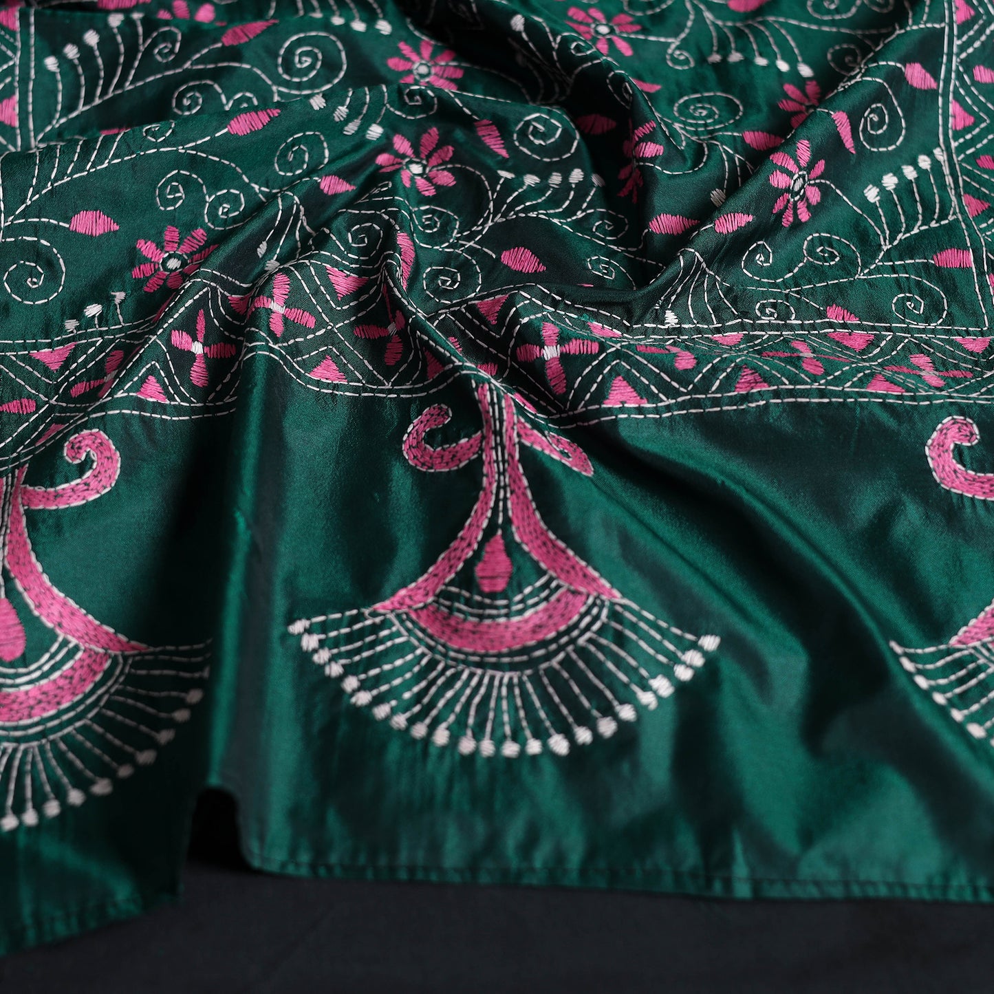 Green - Handloom Tussar Silk  Bengal Kantha Work Stole 62