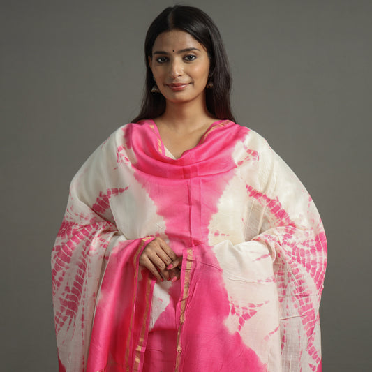 Pink - Shibori Tie-Dye Handloom Chanderi Silk Dupatta with Zari Border 47