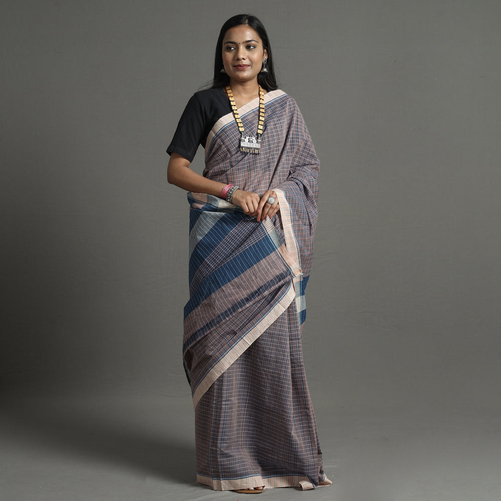 Grey - Pure Handloom Natural Dyed Checks Cotton Saree 37