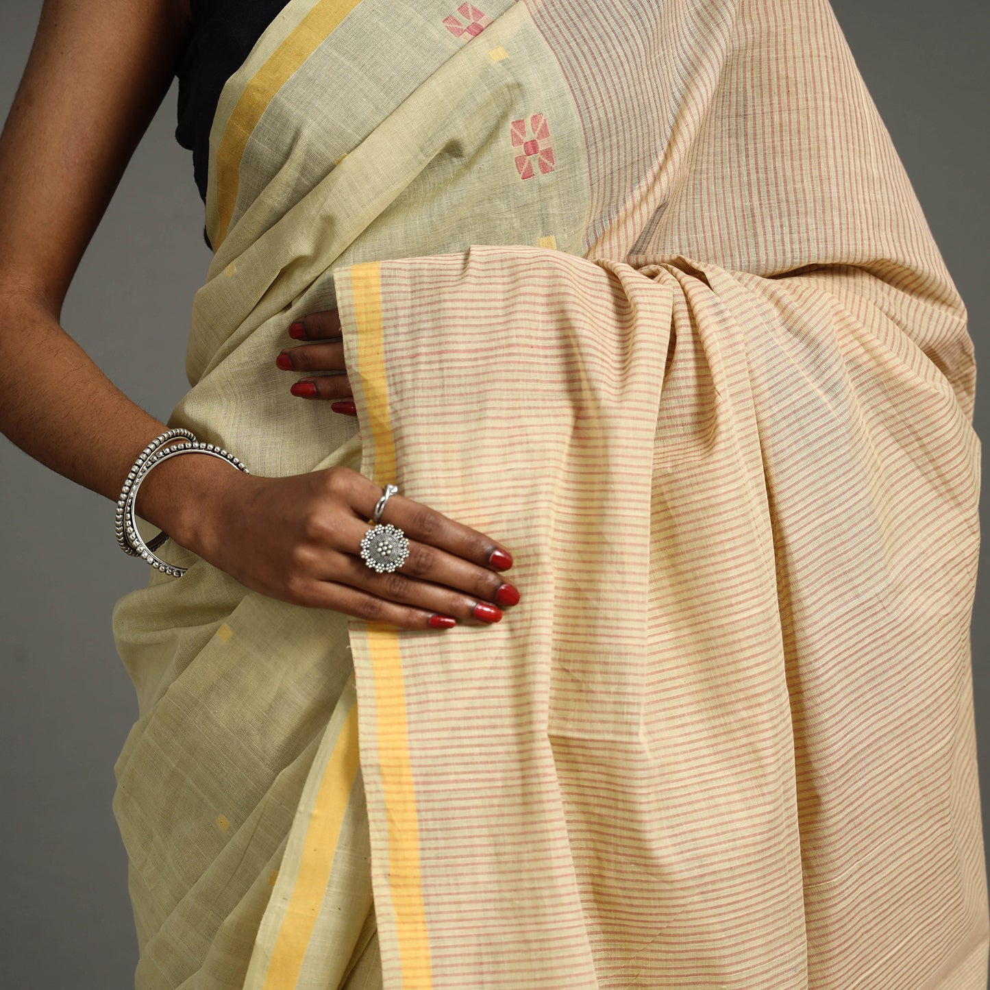 Yellow - Pinwheel Jamdani Cotton Handspun Saree 37