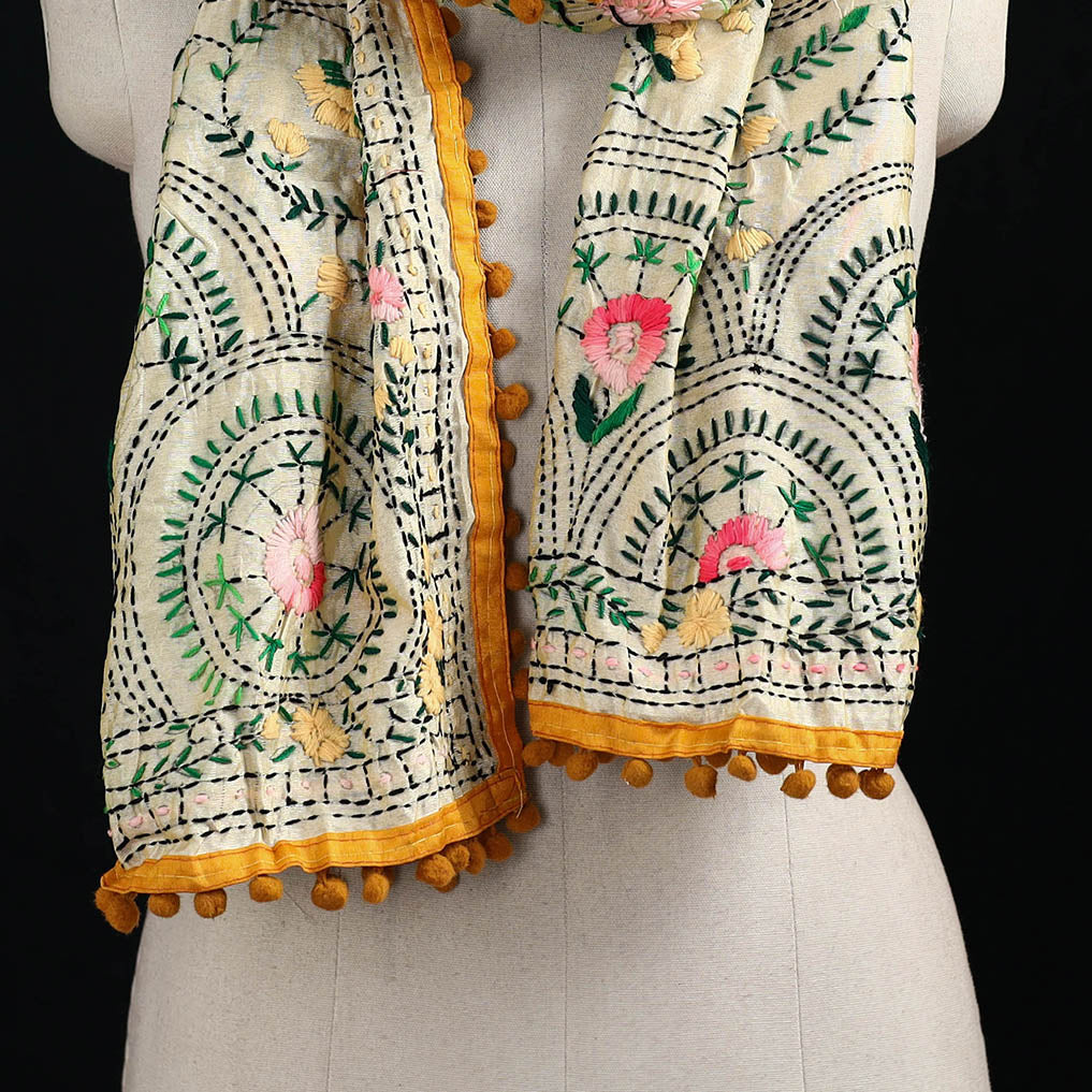 Ranihati Chanderi Silk Hand Embroidered Stole with Pom Pom 150