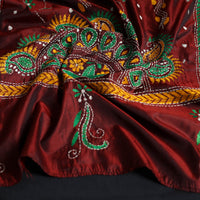 Maroon - Handloom Tussar Silk  Bengal Kantha Work Stole 63