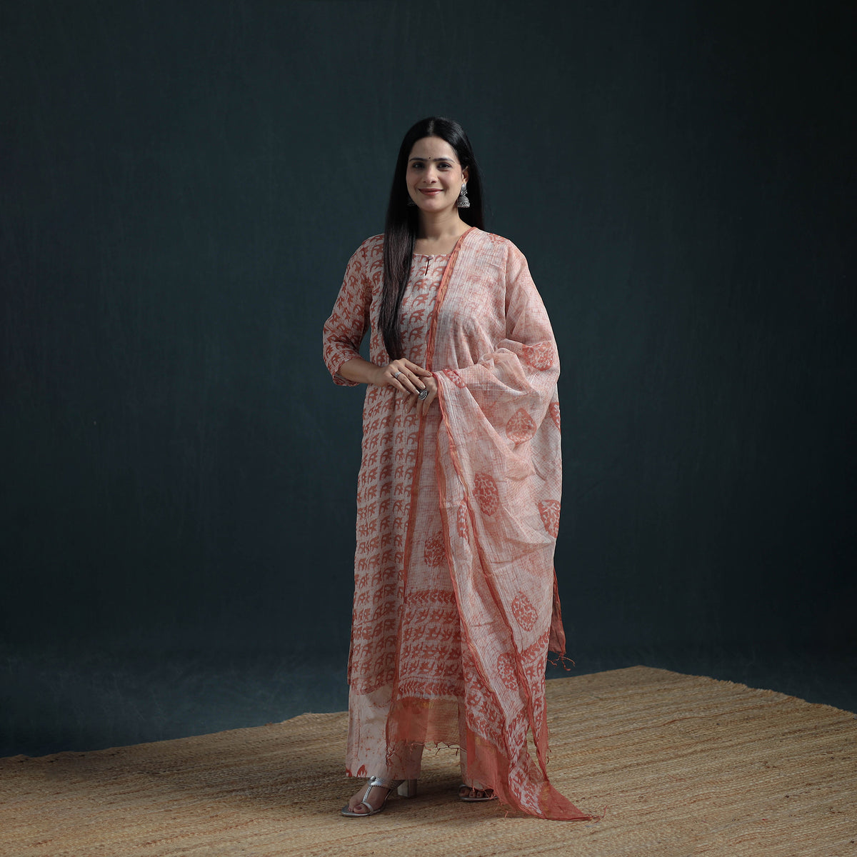 Hand Batik Print Kota Doria Cotton Suit Set with Dupatta for Women 30