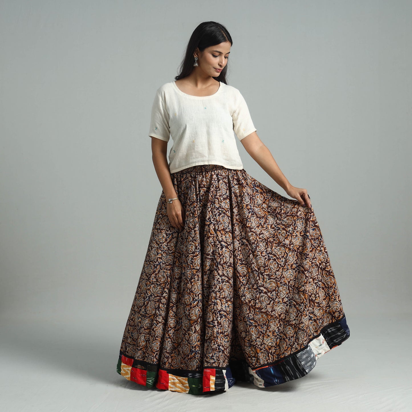 Multicolor - Hand Block Printed Cotton Long Kalamkari Skirt 14