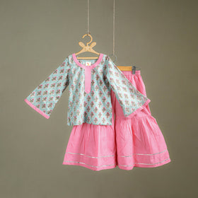 Girls Gota Work Floral Block Print Cotton Kurta with Sharara Set (3-4 Years) 39