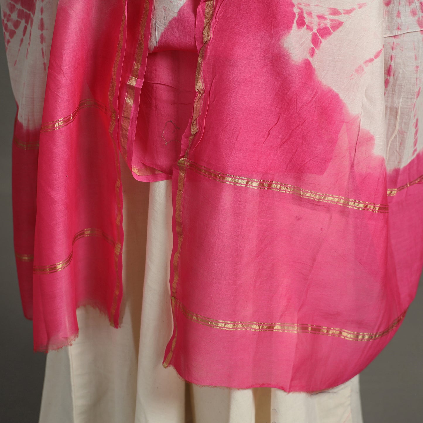 Pink - Shibori Tie-Dye Handloom Chanderi Silk Dupatta with Zari Border 47