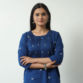 Blue - Jacquard Cotton Pintuck Short Kurta 33
