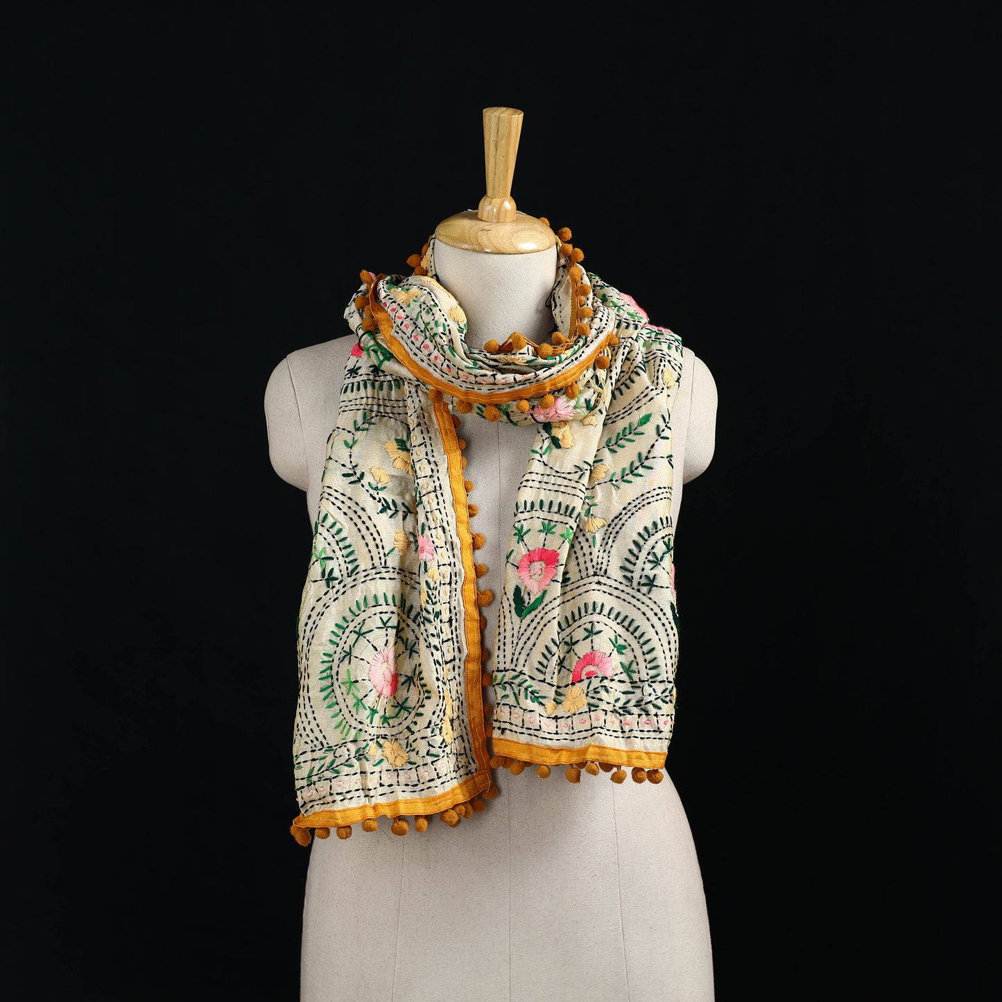 Ranihati Chanderi Silk Hand Embroidered Stole with Pom Pom 150