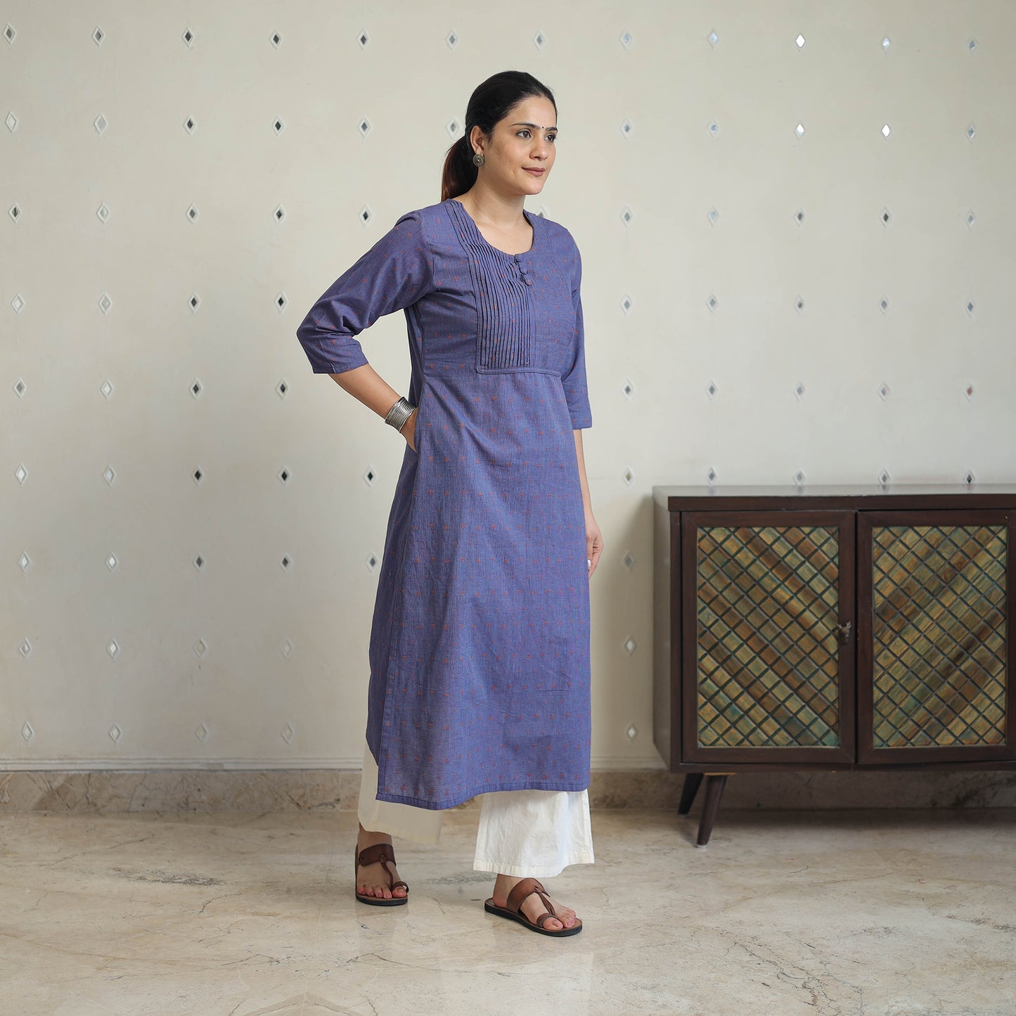 Blue - Jacquard Cotton Pintuck Straight Kurta 24