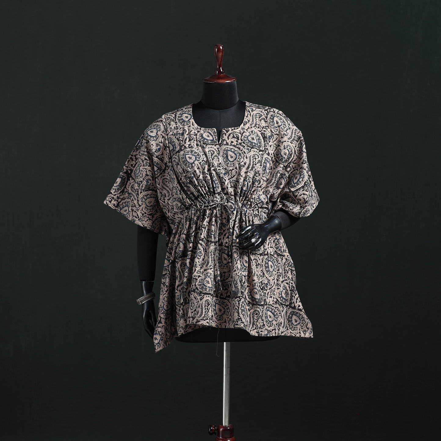 Black - Kalamkari Hand Block Print Natural Dyed Cotton Kaftan (Short) 15