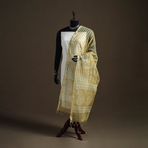Yellow - Pipad Hand Block Print Natural Dyed Kota Doria Cotton Dupatta 30