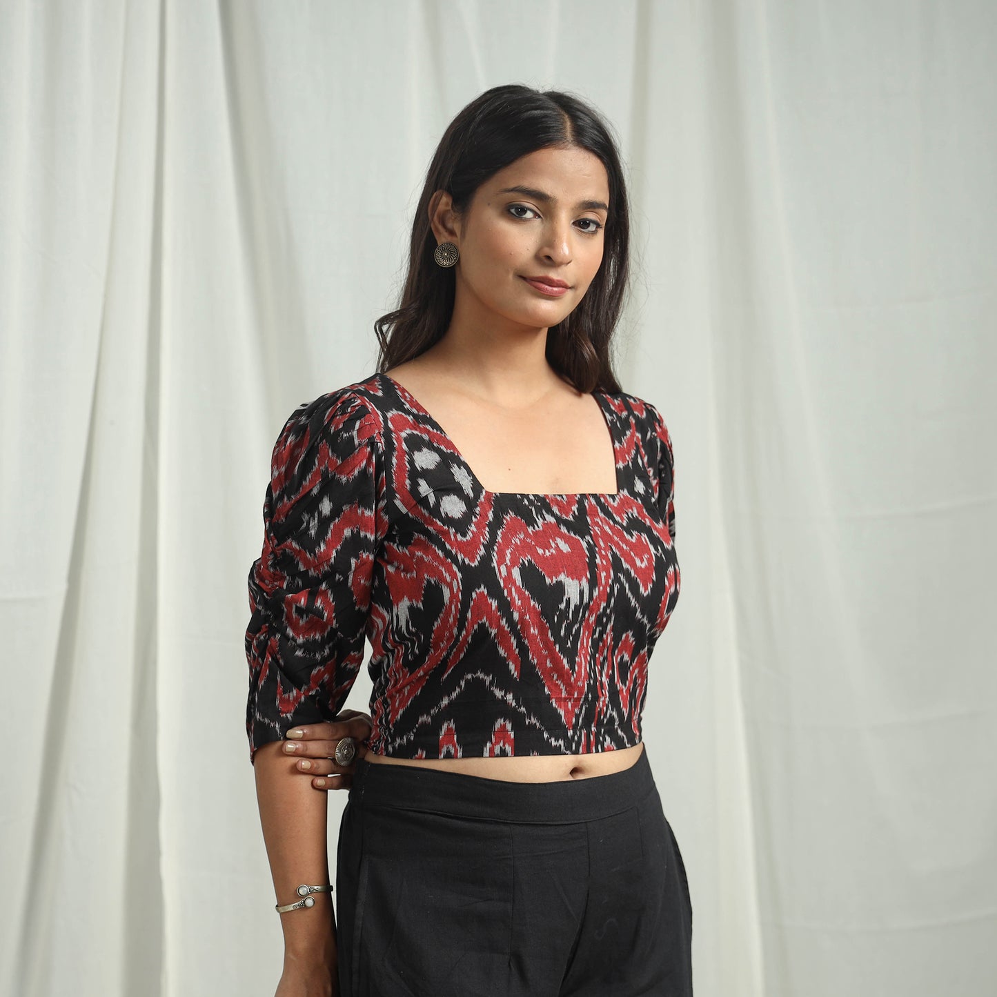 Black - Handloom Cotton Central Asian Pochampally Ikat Crop Top 10