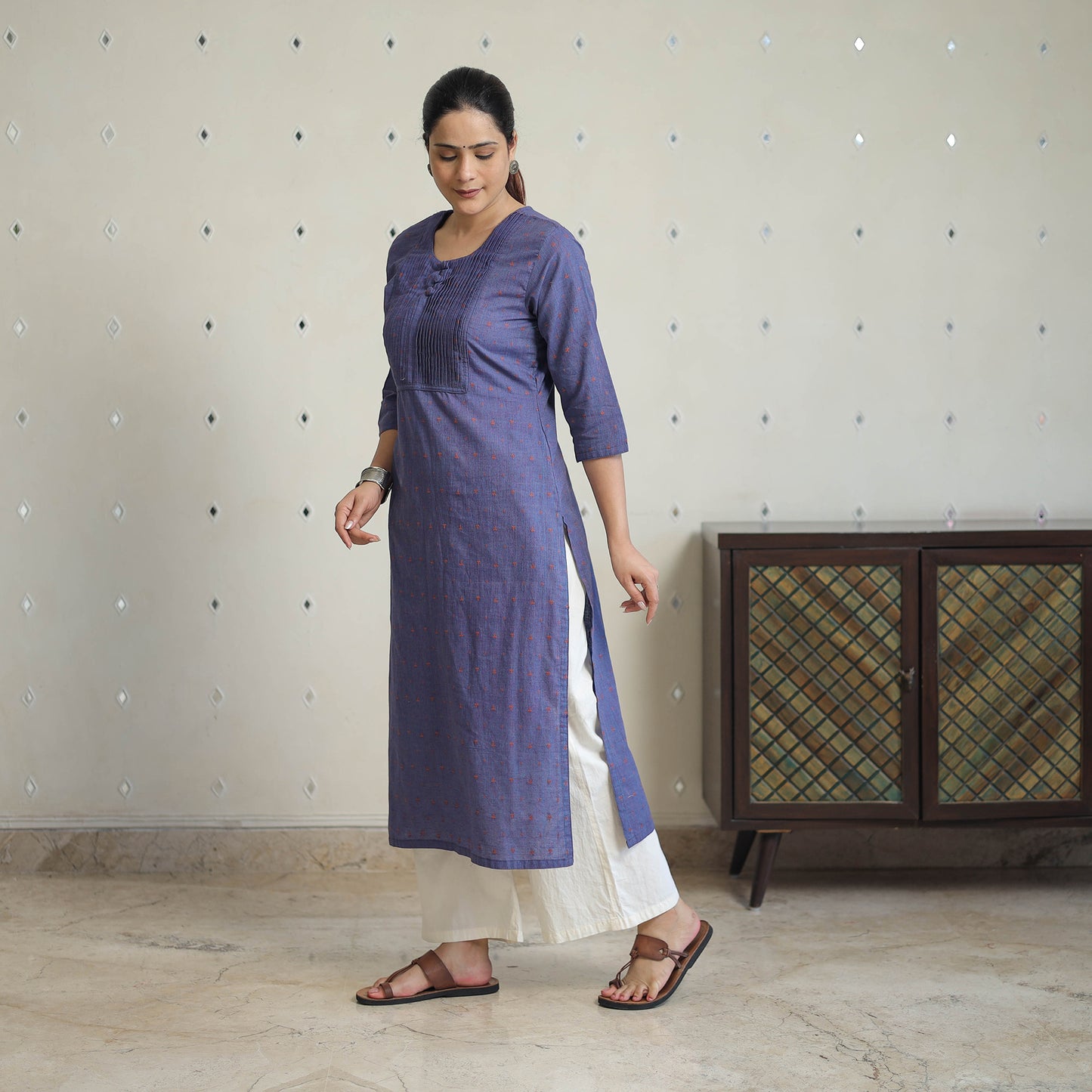 Blue - Jacquard Cotton Pintuck Straight Kurta 24