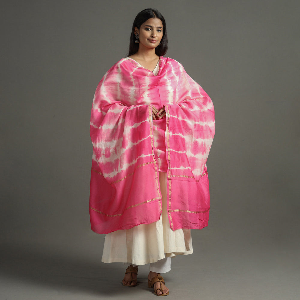 Pink - Shibori Tie-Dye Handloom Chanderi Silk Dupatta with Zari Border 48