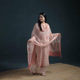 Hand Batik Print Kota Doria Cotton Suit Set with Dupatta for Women 30