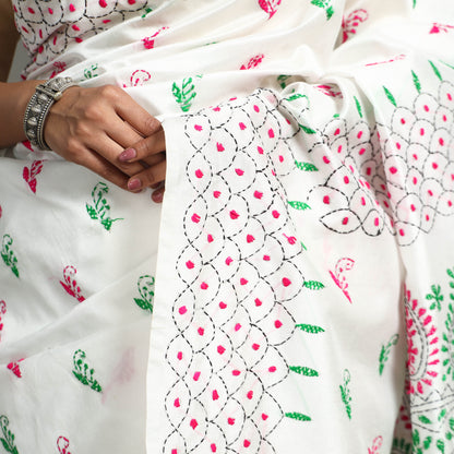 White - Bengal Nakshi Kantha Embroidery Silk Saree