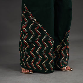 Buy Dark Green Kantha Hand Embroidery Palazzo in Cotton