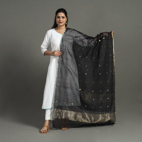 Black - Handloom Silk Cotton Zari Buti Chanderi Dupatta 18