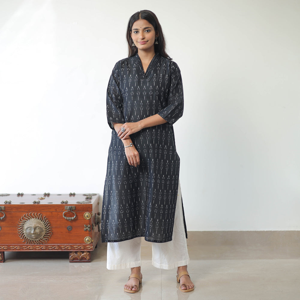 Black - Mercerised Cotton Pochampally Ikat Kurta (Straight) 13