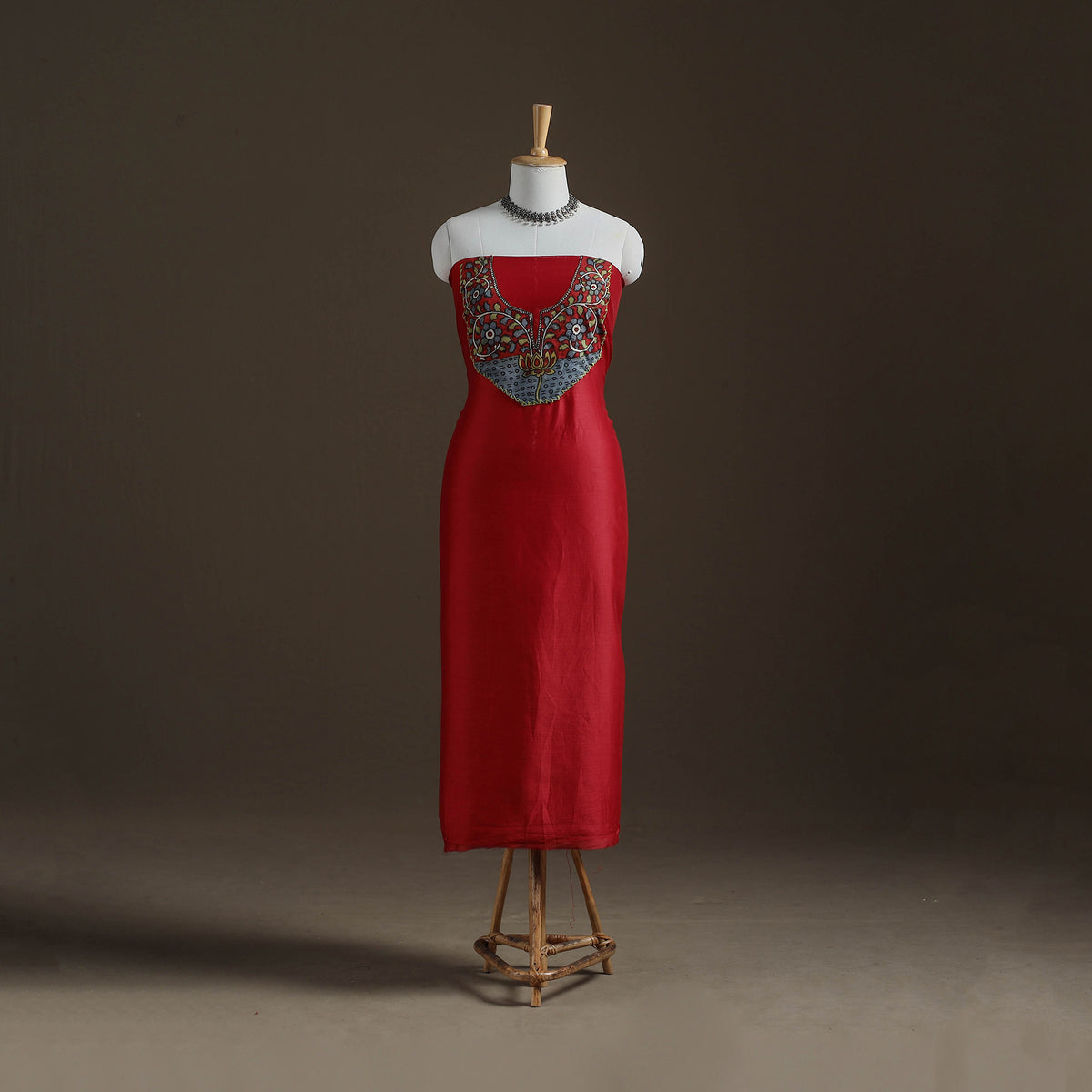 Red - Handpainted Srikalahasti Handloom Chanderi Silk Unstitched Kurta (2.3M) 01