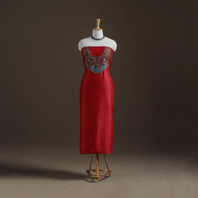 Red - Handpainted Srikalahasti Handloom Chanderi Silk Unstitched Kurta (2.3M) 01