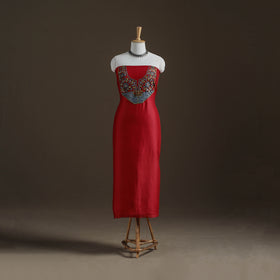 Red - Handpainted Srikalahasti Handloom Chanderi Silk Unstitched Kurta (2.3M) 01