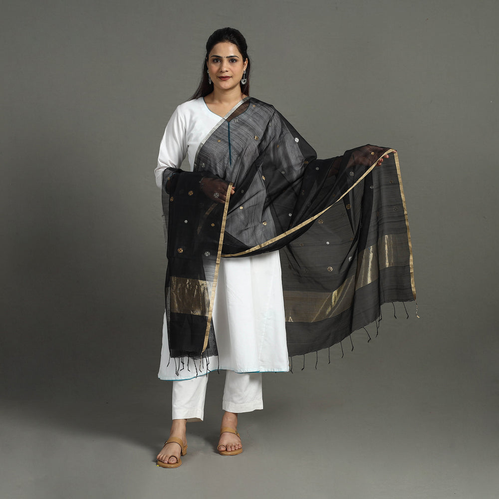 Black - Handloom Silk Cotton Zari Buti Chanderi Dupatta 18