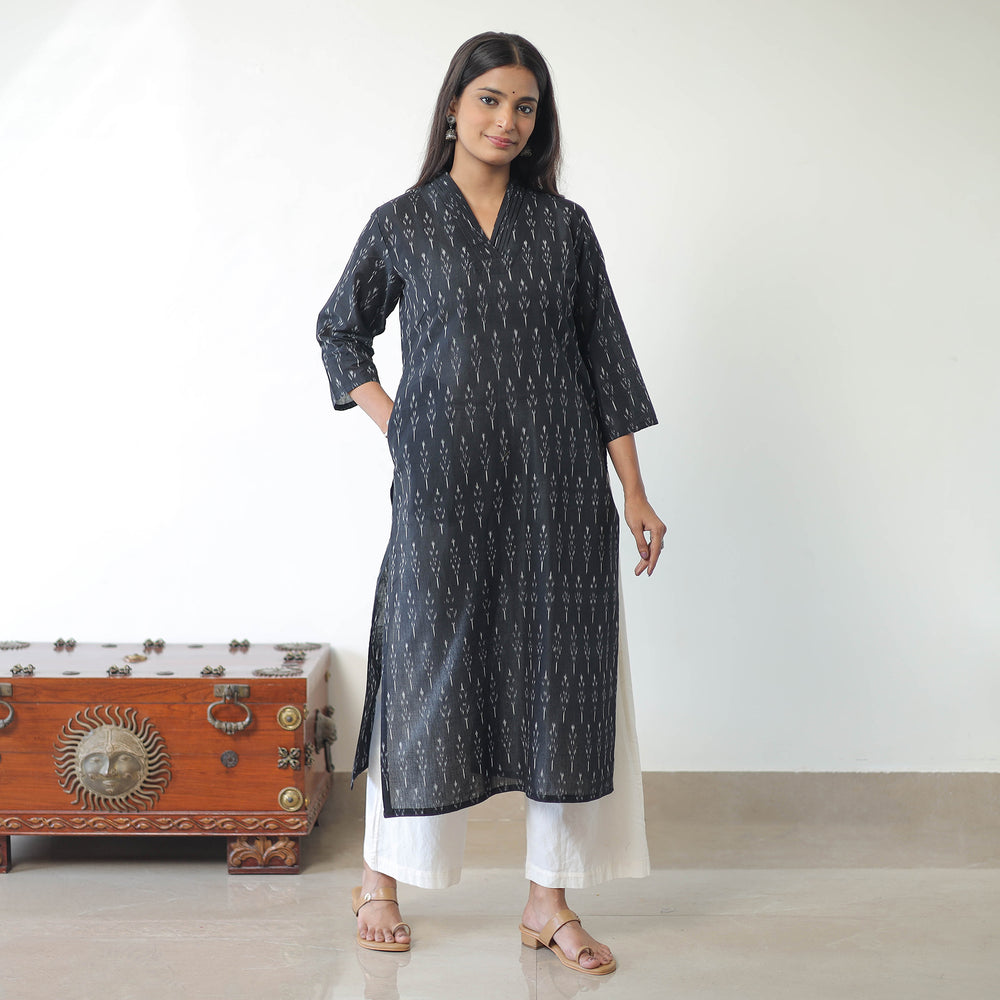 Black - Mercerised Cotton Pochampally Ikat Kurta (Straight) 13