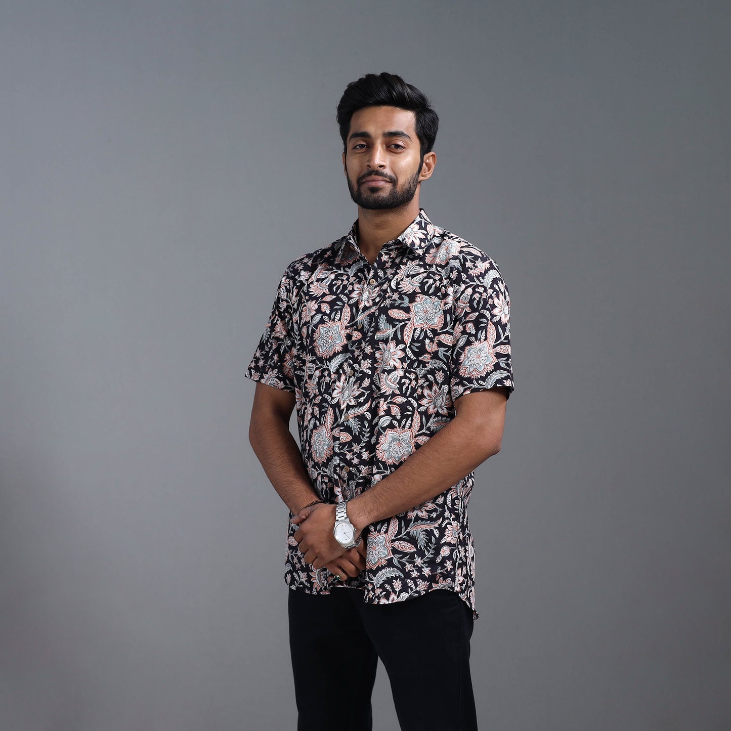 Black - Sanganeri Block Printed Cotton Men Half Sleeve Shirt 18