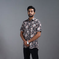 Black - Sanganeri Block Printed Cotton Men Half Sleeve Shirt 18