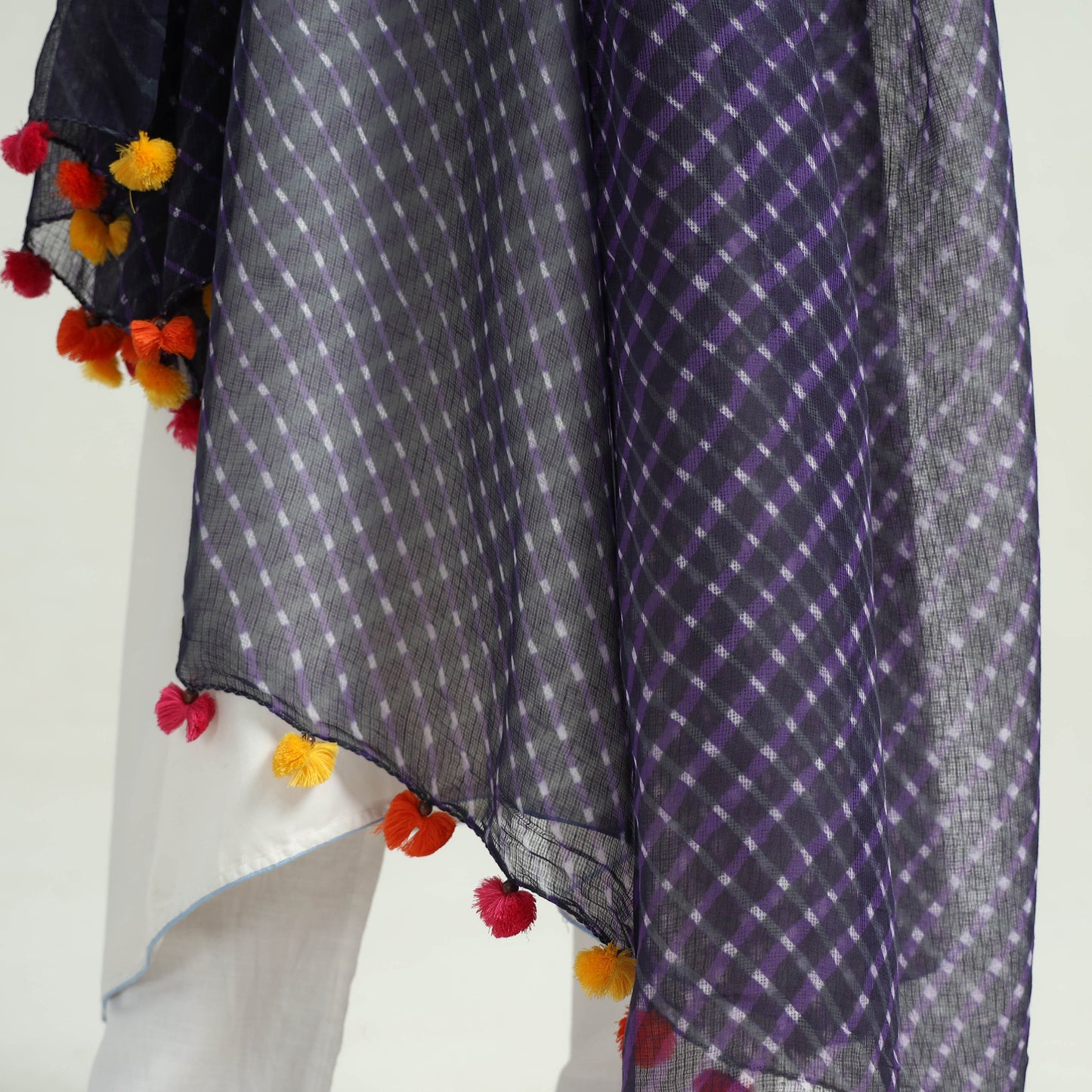 Purple - Leheriya Tie-Dye Mothra Kota Doria Cotton Dupatta with Tassels 27