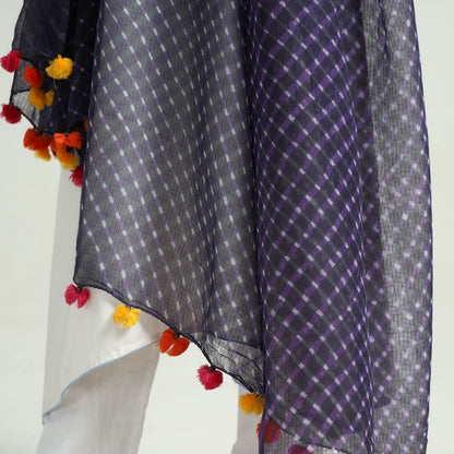 Purple - Leheriya Tie-Dye Mothra Kota Doria Cotton Dupatta with Tassels 27
