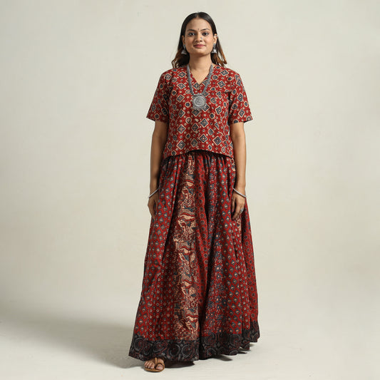 Ajrakh Block Printed 24 Kali Patchwork Cotton Long Skirt 36