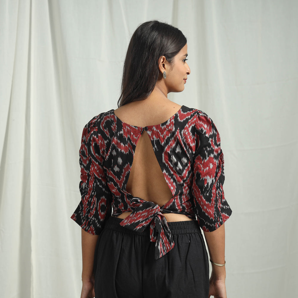 Black - Handloom Cotton Central Asian Pochampally Ikat Crop Top 10