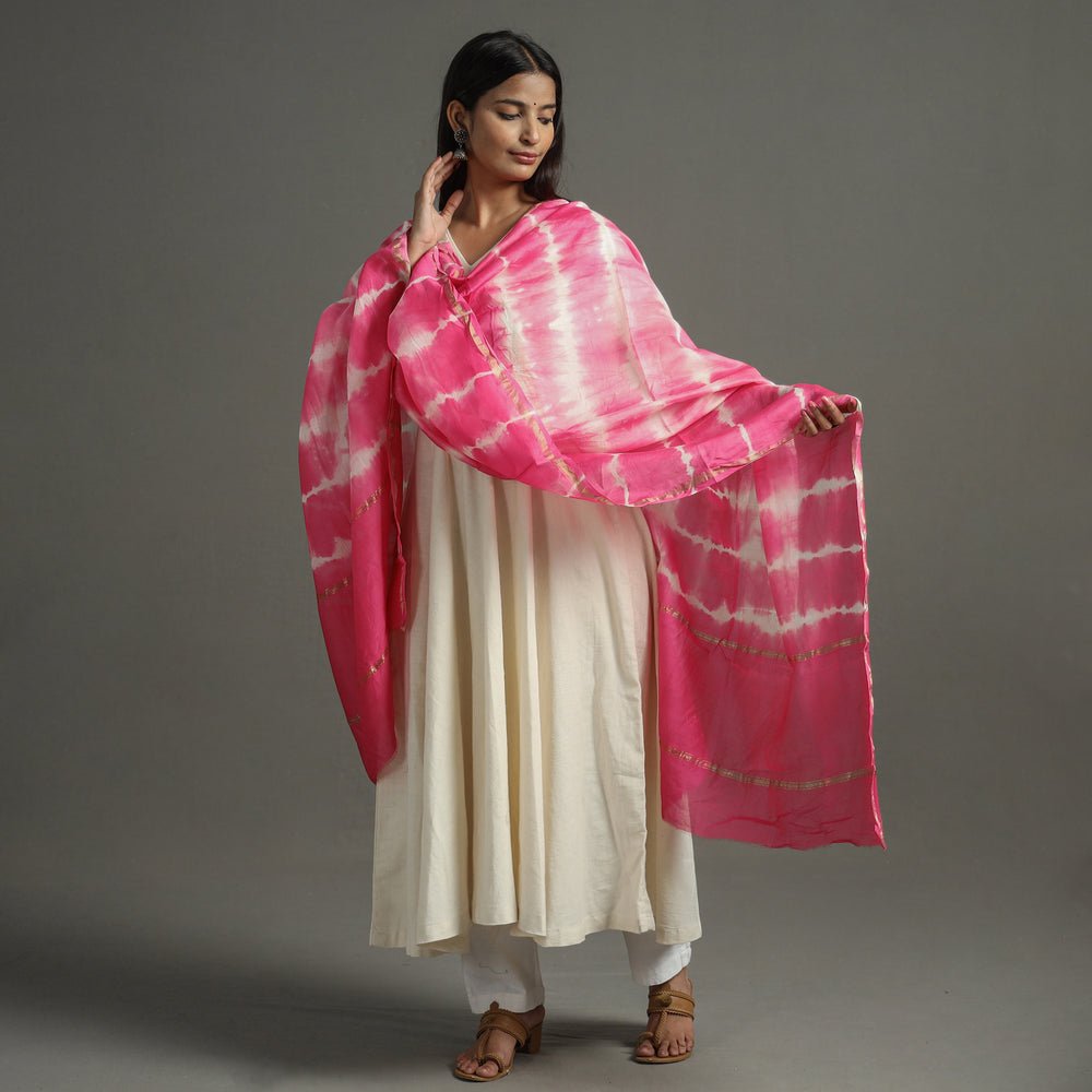 Pink - Shibori Tie-Dye Handloom Chanderi Silk Dupatta with Zari Border 48