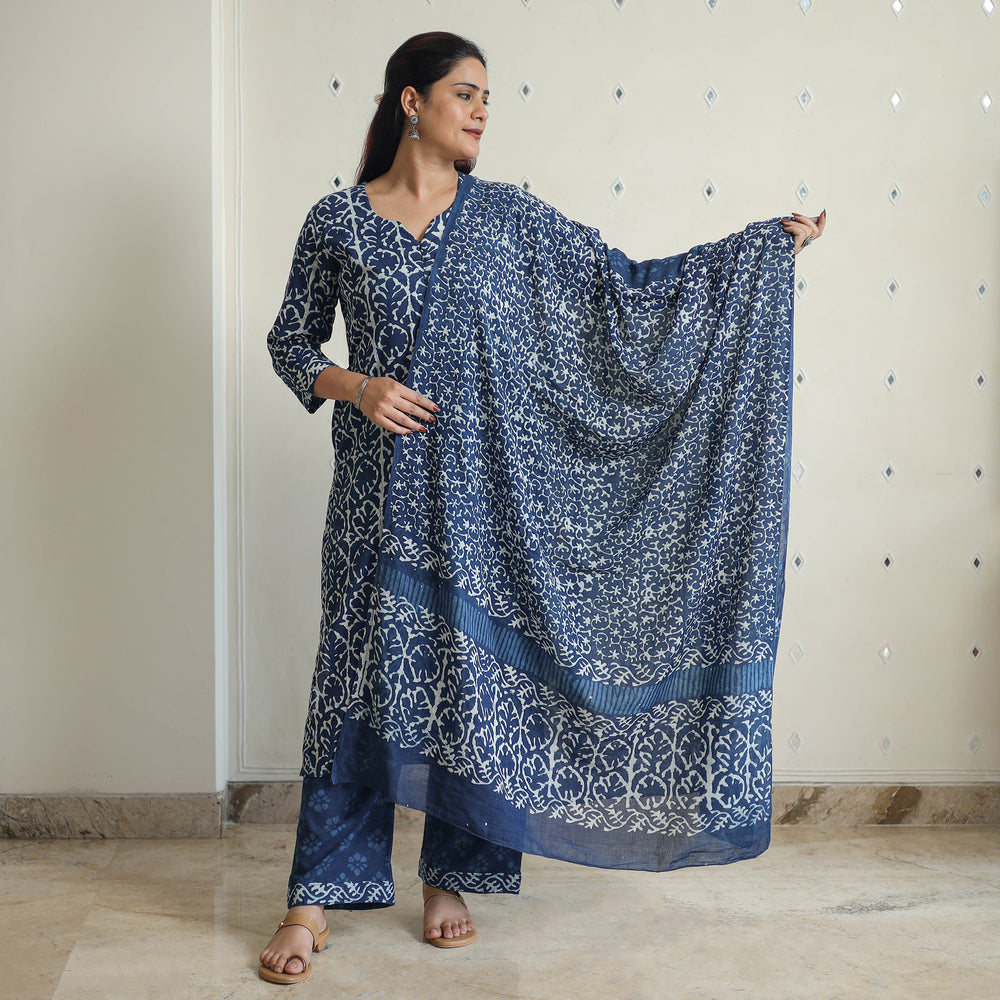 Blue - Hand Block Print Indigo Bagru Cotton Suit Set 04