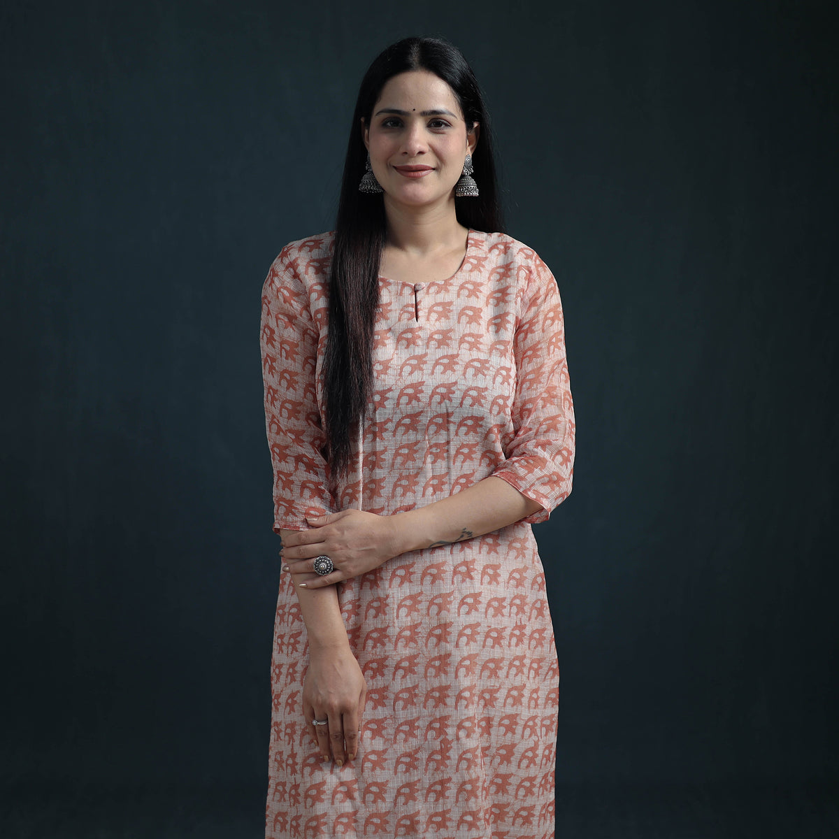 Hand Batik Print Kota Doria Cotton Suit Set with Dupatta for Women 30