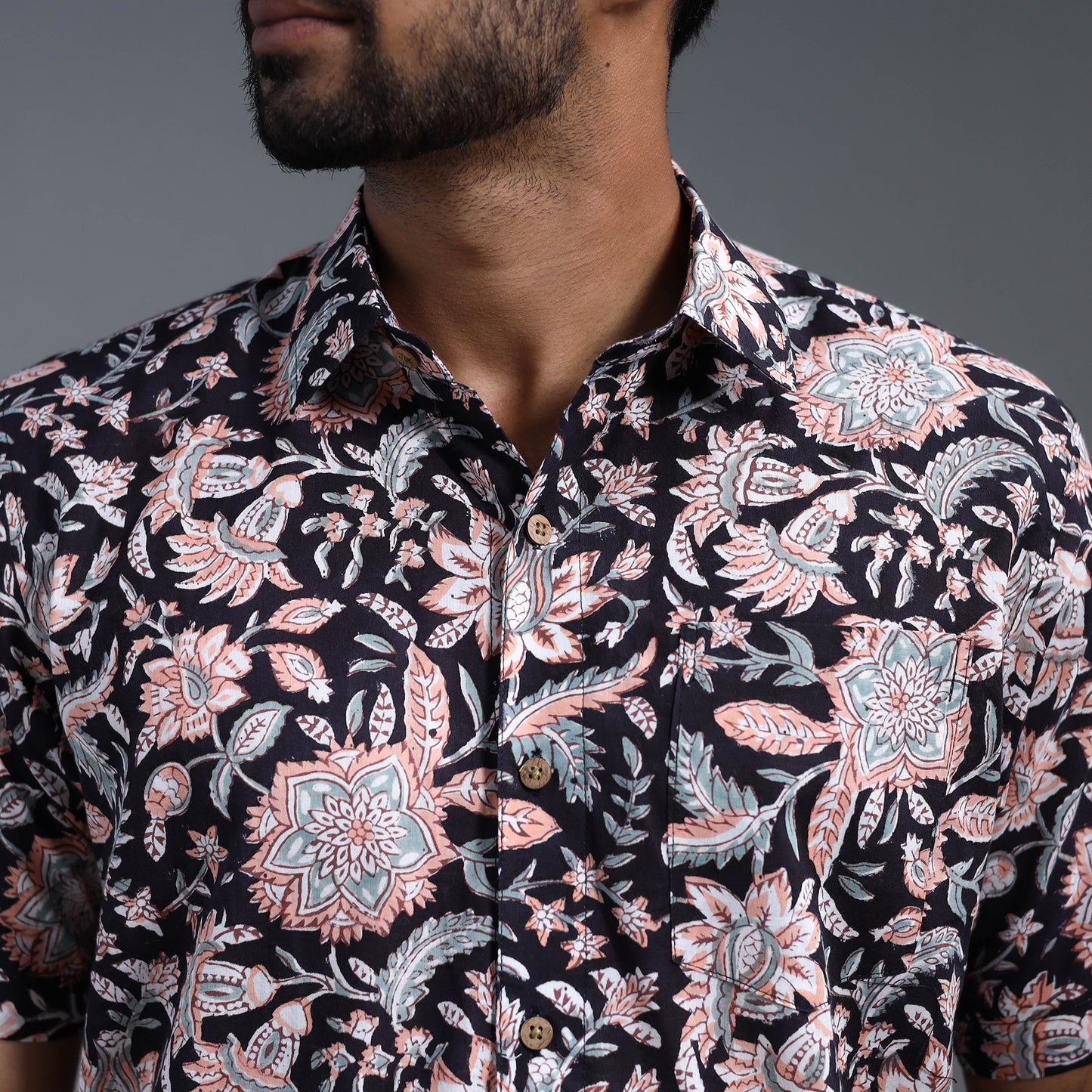 Black - Sanganeri Block Printed Cotton Men Half Sleeve Shirt 18