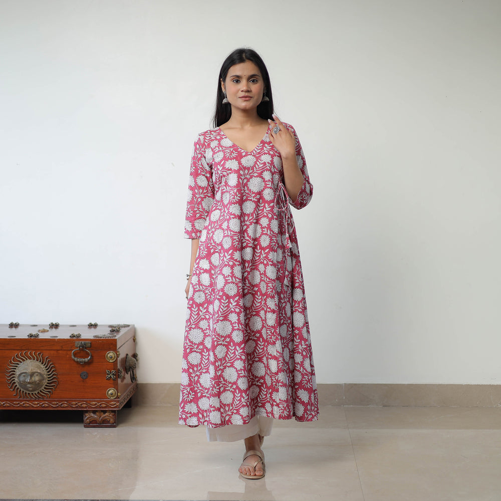 Pink - Sanganeri Block Printed Mul Cotton A-Line Kurta