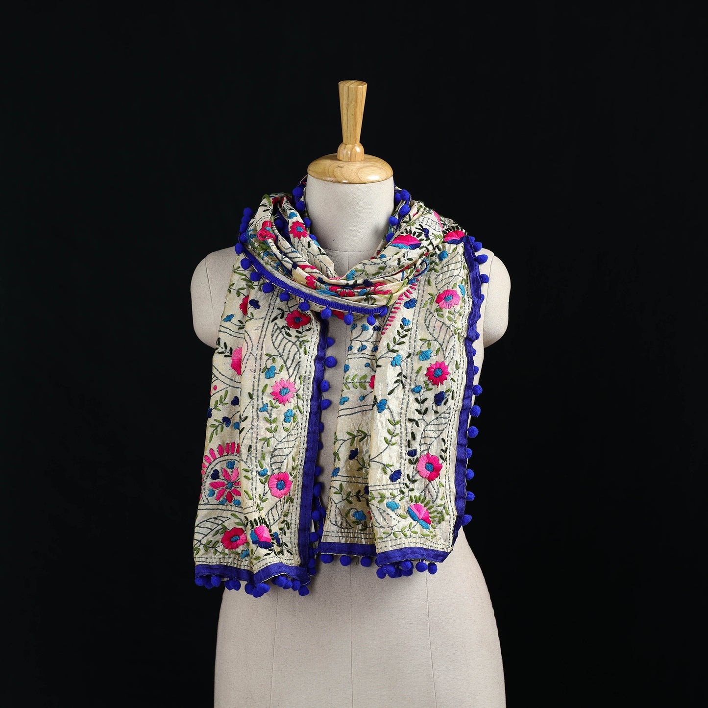 Ranihati Chanderi Silk Hand Embroidered Stole with Pom Pom 152