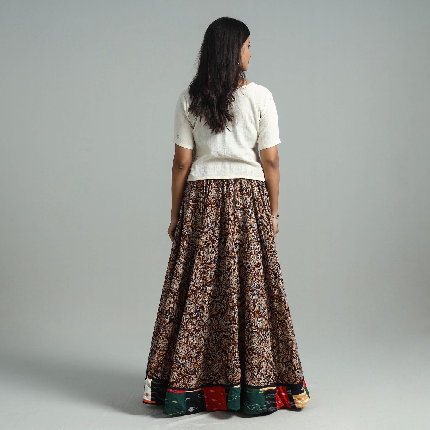 Multicolor - Hand Block Printed Cotton Long Kalamkari Skirt 14