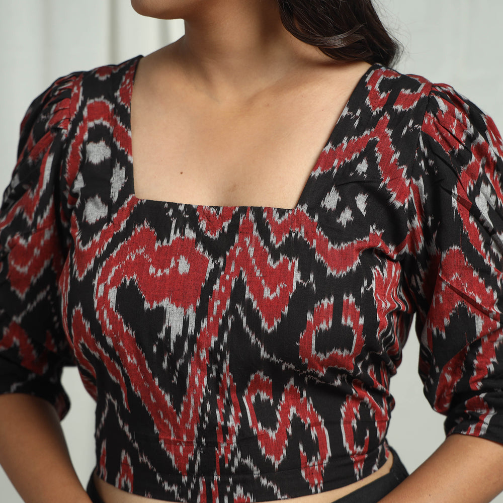 Black - Handloom Cotton Central Asian Pochampally Ikat Crop Top 10