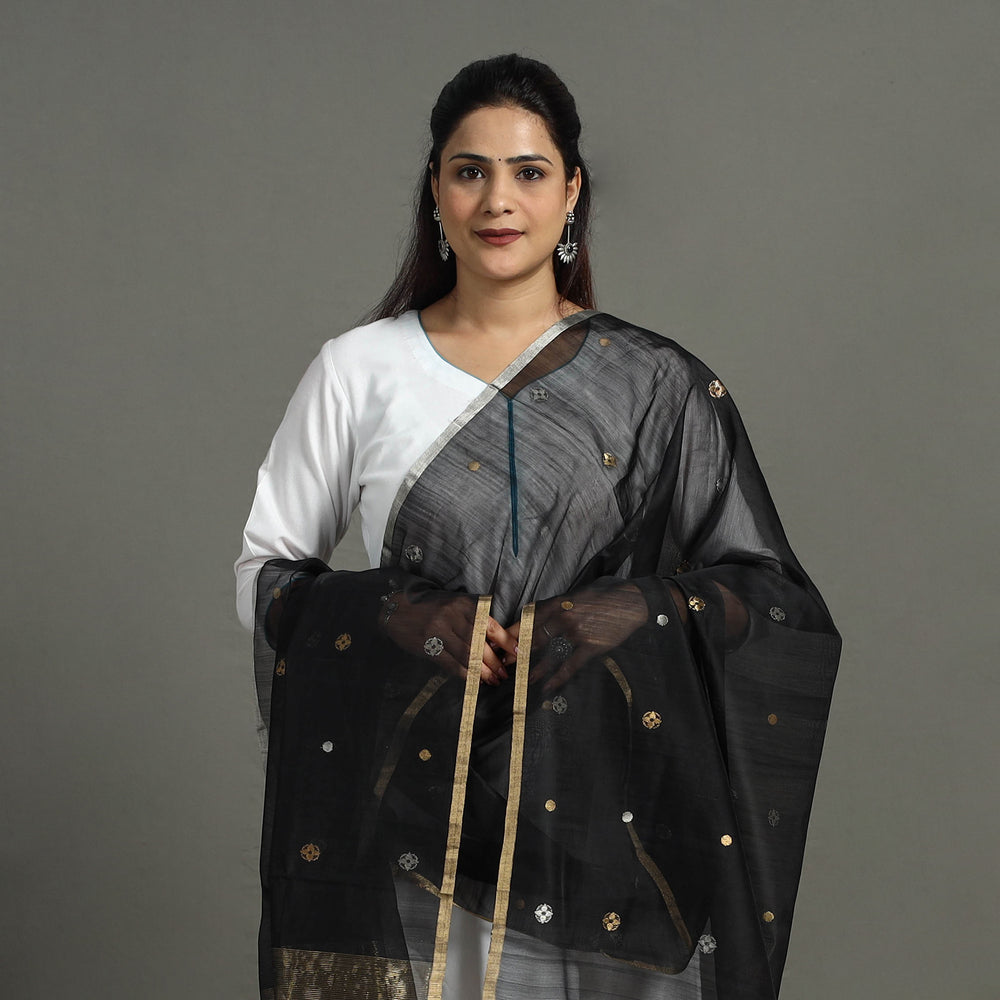 Black - Handloom Silk Cotton Zari Buti Chanderi Dupatta 18