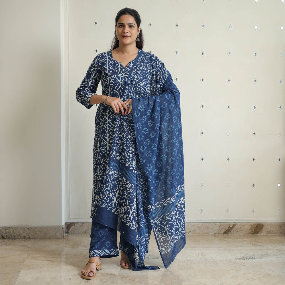 Blue - Hand Block Print Indigo Bagru Cotton Suit Set 04